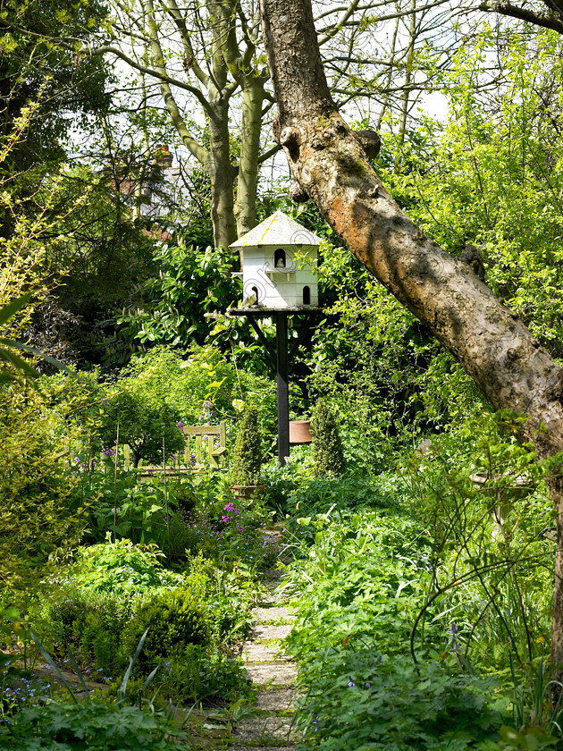 West Malling-21 
 The dovecote had real doves living in it at Anne's old house but she felt they would not be acceptable to her neighbours in her smaller garden. 
 Keywords: garden Kent flowers flower beds pots scuplture town garden statues dovecote