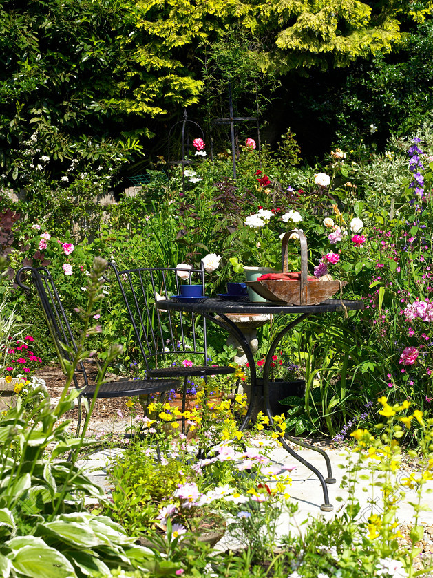 Wildlife garden-1 
 A table & chairs give a place to sit for a coffee break whilst working in the garden. 
 Keywords: garden sussex flowers wildlife wild chair table seating